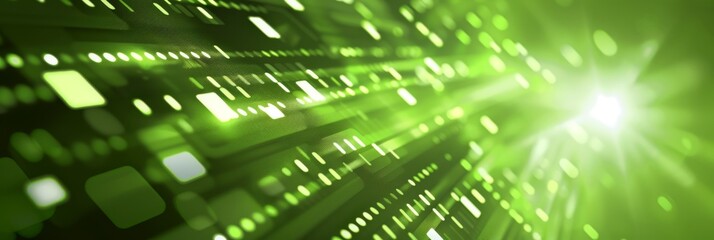 Naklejka premium A futuristic green digital abstract background illuminated with bursts of light