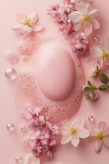 Delicate Pink Egg Surrounded by Flowers and Bubbles on Soft Pink Background. Generative AI