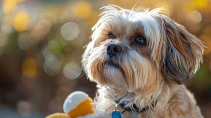 Lhasa Apso with a toy, close-up.