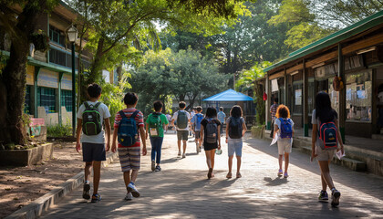Obraz premium A diverse group of children with backpacks walk down a tree-lined school pathway on a sunny day.