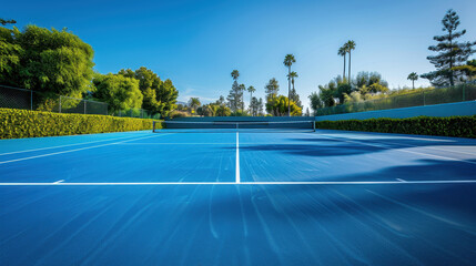 Obraz premium A tennis court with a blue background and white lines