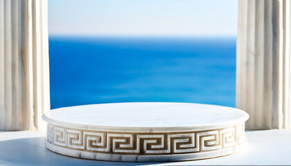 White Marble Pedestal with Greek Key Design Against Ocean View