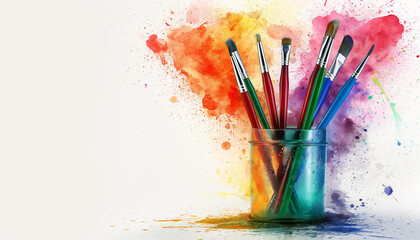 A vibrant display of paint splatters surrounds a jar of colorful paintbrushes in an artistic and creative setting.