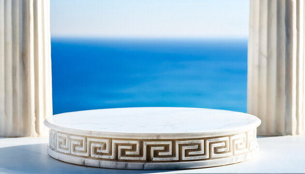 White Marble Pedestal with Greek Key Design Against Ocean View