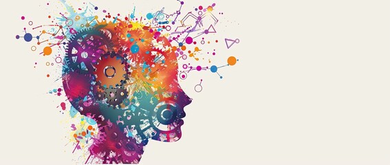 colorful splash ink, forming the silhouette outline of an AI head with gears and data points inside it on a white background space around for text Generative AI