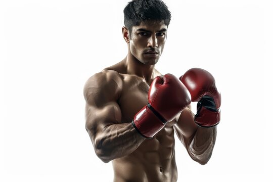 A strong male boxer wearing red gloves and in a fighting stance, conveying determination and discipline in a bright studio setting.