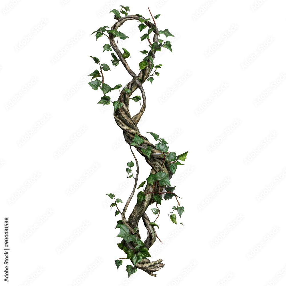 Wall mural wild twisted liana vines on tree branch isolated on transparent background with clipping path.