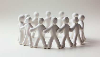 A circle of white, abstract human figures holding hands, symbolizing unity and teamwork against a plain background.