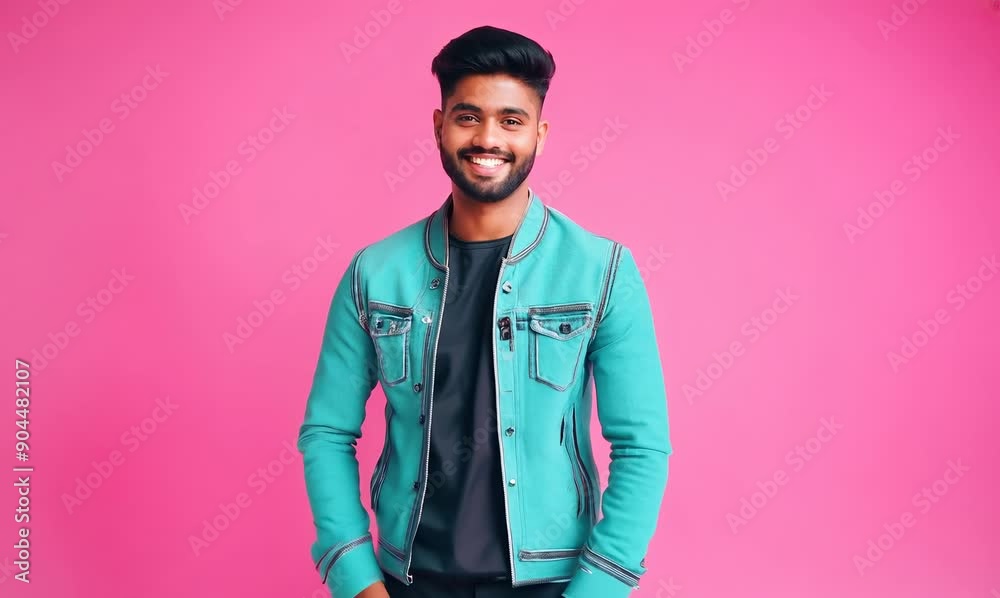 Sticker smiling indian man in jacket and pants posing on pink background