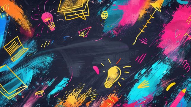 A vibrant chalkboard filled with colorful brush strokes and imaginative drawings of classroom essentials like globes, rulers, and lightbulbs. Generative AI