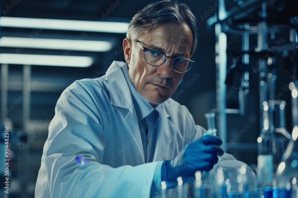 Poster A scientist in protective gear wears a serious expression while diligently analyzing samples in a high-tech laboratory, surrounded by an array of scientific equipment and technology.