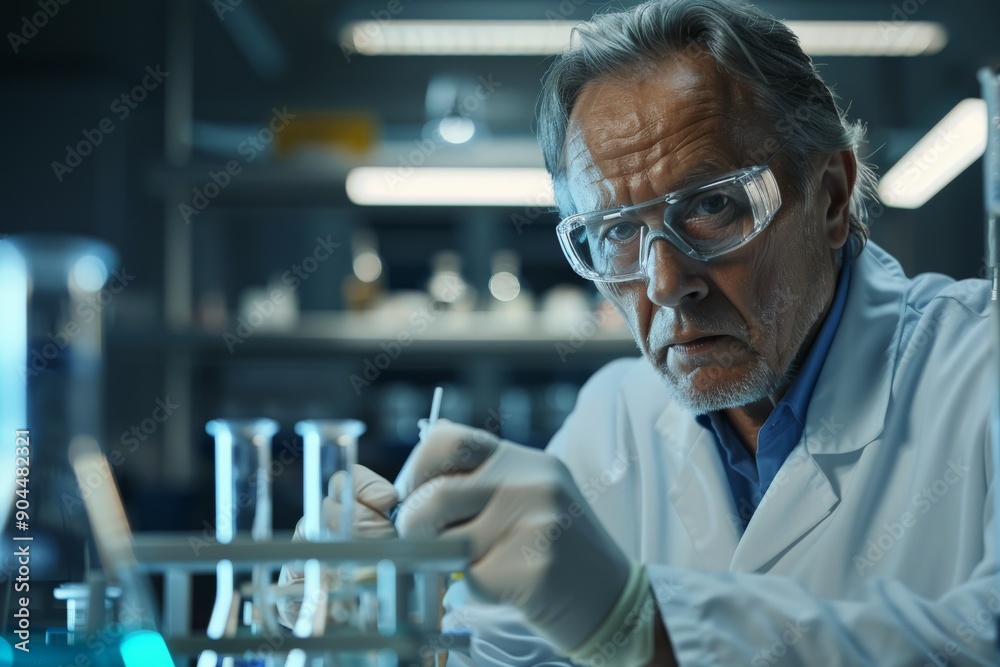 Poster in a laboratory, a researcher wearing protective gloves and a white lab coat is carefully examining 