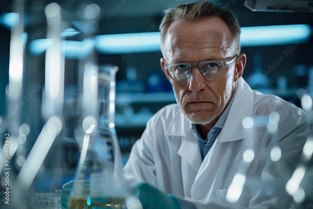 Poster in a science lab, a scientist in a white coat is deeply engrossed in conducting an experiment, with 