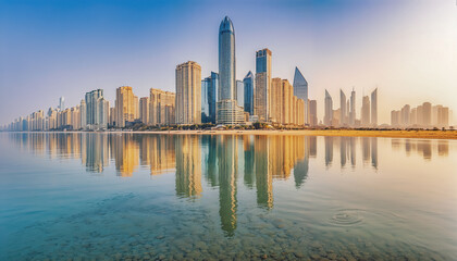 Fototapeta premium Magnifique vue panoramique depuis l'océan d'une ville moderne, faites de nombreux buildings, jolie reflets dans l'eau 