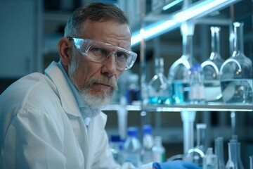 An older male scientist with a beard and protective eyewear works in a laboratory filled with beakers and scientific equipment, reflecting precision and research.
