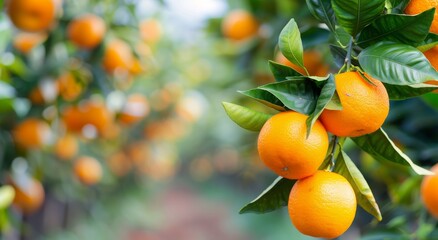 Juicy Oranges Ripening in a Vibrant Orchard at Sunrise