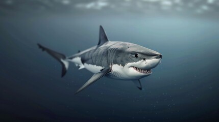 Obraz premium Great White Shark Swimming Beneath Waves in Crystal Clear Water