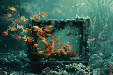 School of goldfish is swimming around an old television set underwater, creating a surreal and thought provoking scene