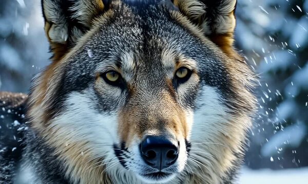 A wolf with a brown and gray coat is staring at the camera. The wolf's fur is fluffy and it has a white nose. The image has a calm and peaceful mood