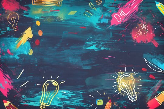 A vibrant chalkboard showcases colorful brush strokes and detailed drawings of classroom essentials like globes, rulers, calculators, and lightbulbs. Generative AI