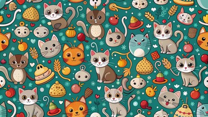 Fototapeta premium Pattern with cats. Cats, toys for cats, mice background