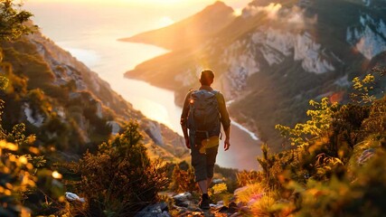 Sunset Hiker Exploring Scenic Mountain Trails in Autumn. A lone hiker journeys along a mountain path, surrounded by lush greenery, as the sun sets over a serene river valley.