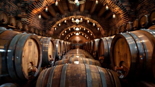 Exploring a Rustic Wine Cellar With Wooden Barrels at Sunset. Discover a charming wine cellar filled with wooden barrels under warm glowing lights