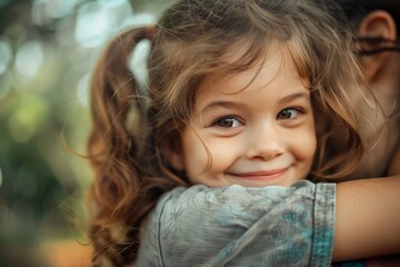 Fototapeta premium A happy young girl with a curly hairstyle tightly hugs a woman, bathed in soft, natural light, capturing a moment of pure joy and closeness.