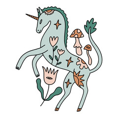 Folk cartoon medieval unicorn, fairytale funny groovy horse pony whimsical vintage heraldic wild flat art. Doodle character with mushrooms and botanical floral details. Hand-drawn bohemian composition