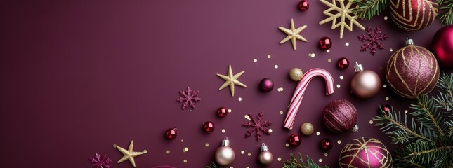 Fototapeta premium Festive Christmas Decorations With Ornaments and Candy Cane on Maroon Background