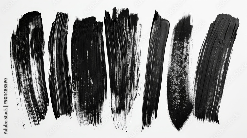 Poster A series of dense black brush strokes arranged on a white background, displaying different intensities and styles for artistic expression and creative design.