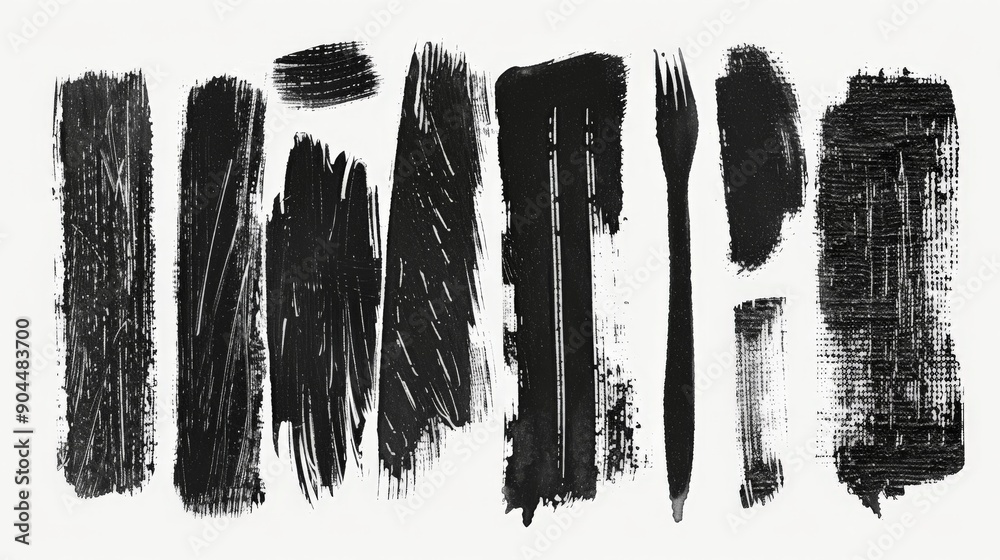 Poster a collection of textured black brush strokes are spread across a white canvas, offering a visually a