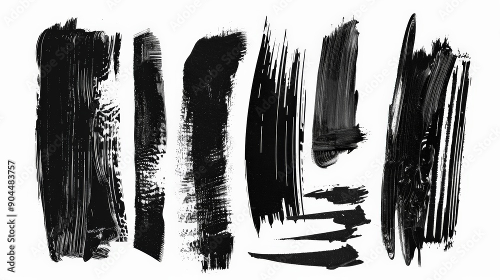 Poster a collection of abstract black brush strokes on a white background, showcasing various textures and 