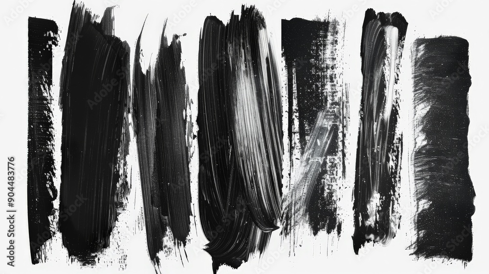 Poster This image features a variety of black paint brush strokes against a white backdrop, displaying an array of dynamic textures and artistic strokes suitable for various design applications.