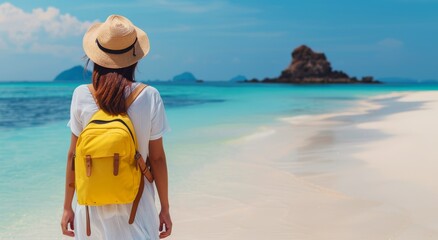 Woman Enjoys Serene View of Islands From Beach at Sunset