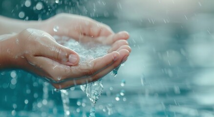 Fototapeta premium Hands Gathering Raindrops During a Gentle Rain Shower at Dusk