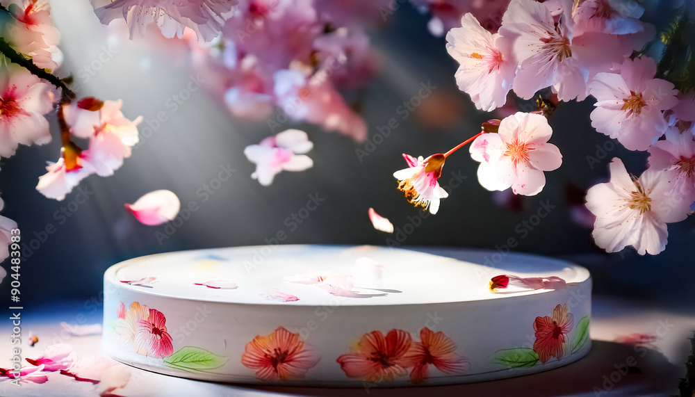 Wall mural Pink Sakura Blossoms Falling on Floral Patterned Surface