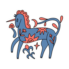 Folk cartoon medieval unicorn, fairytale funny groovy horse pony whimsical vintage heraldic wild flat art. Doodle character with mushrooms and botanical floral details. Hand-drawn bohemian composition