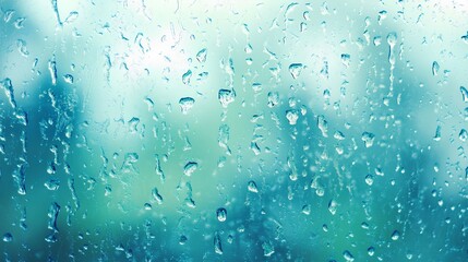 A photo of raindrops on glass, with a blurred background that creates an atmosphere of calm and tranquility. The colors are soft blue tones, creating a serene mood