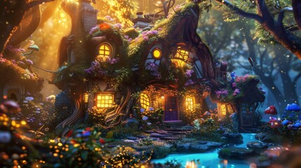 Fototapeta premium An enchanted house with fairytale architecture, surrounded by lush nature, glowing warmly in the twilight. The scene is bustling with vivid flowers, charming light and whimsical elements.