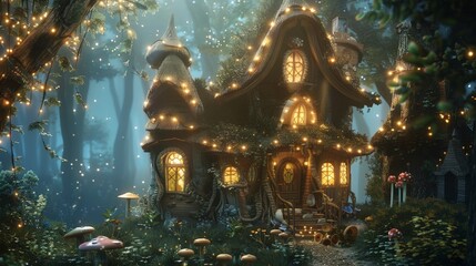 Fototapeta premium A magical cottage adorned with twinkling lights rests in an enchanting forest, surrounded by glowing mushrooms and lush greenery, creating a whimsical atmosphere.
