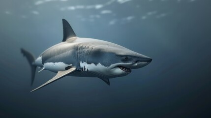 Naklejka premium Great White Shark Swimming Beneath Waves in Crystal Clear Water