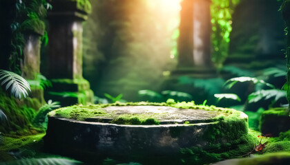Mossy Stone Platform in a Lush Forest
