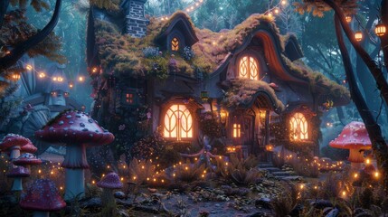 A fairy-tale house in the forest, decorated with string lights and mushrooms, surrounded by lush vegetation, creating a mystical and inviting ambiance perfect for daydreams.