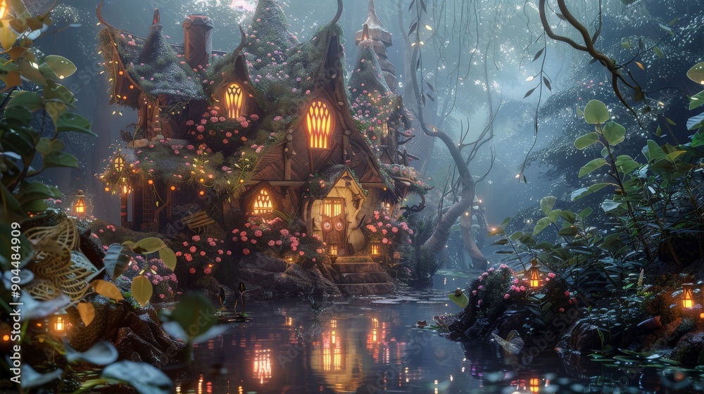 Poster a charming cottage adorned with glowing lights sits in a mystical, foggy forest, surrounded by lush 