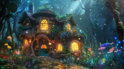 Naklejka premium A dreamy, vibrant garden surrounds a cozy, brightly lit cottage, glowing under the moonlight with flowers and greenery, creating a serene and enchanting, picturesque scene.
