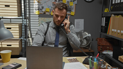 Hispanic man with beard talking on phone in a detectiveâ€™s cluttered office, displaying...