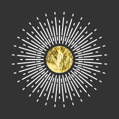Vintage sunburst, sunset beams. Gold foil, shiny handmade circles. Golden glittering texture, pattern. Hand drawn bursting sun, light rays. Logotype or lettering, retro style. Vector illustration