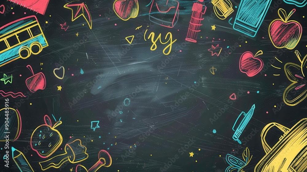 Fototapete a chalkboard features vibrant brush strokes and intricate sketches of classroom supplies, creating a