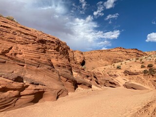 Photo of view from rear end of  Navajo Upper Antelope Canyon within Lake Powell Navajo Tribal Park near Page, east of Lechee, Arizona, United States of America USA.